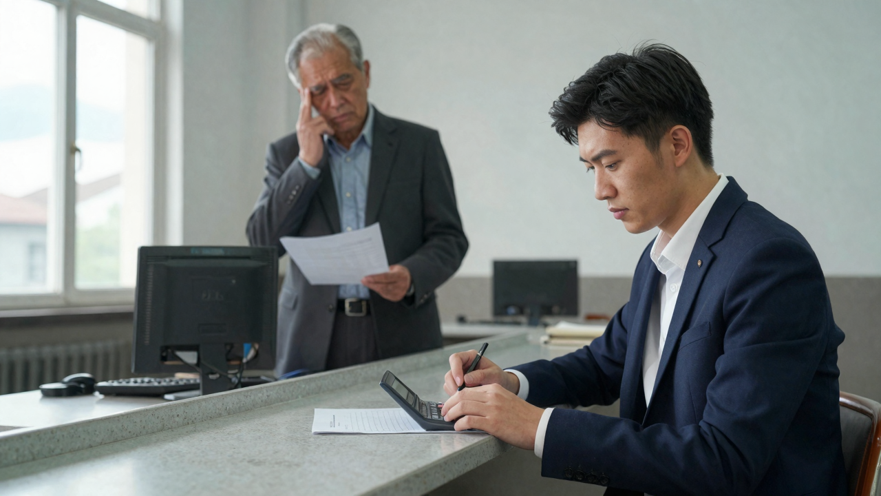 町工場の帳場で、本社から来た若いスーツ姿の管理職が電卓を手に冷静に計算し、年配の男性が立ち尽くす緊張の場面