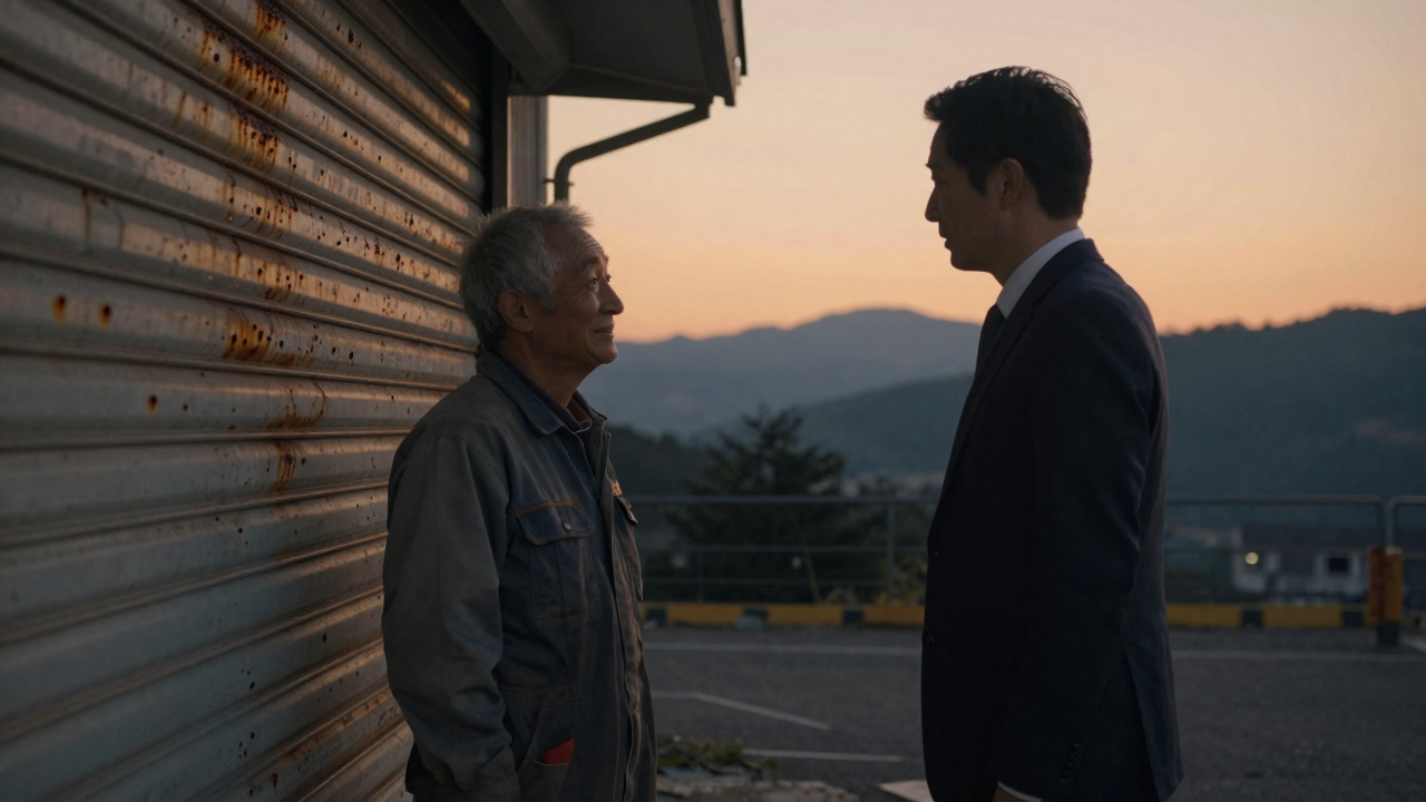 シャッターの下りた町工場の前で、年配の職人とスーツ姿の男性が夕暮れの中で静かに語り合う情景