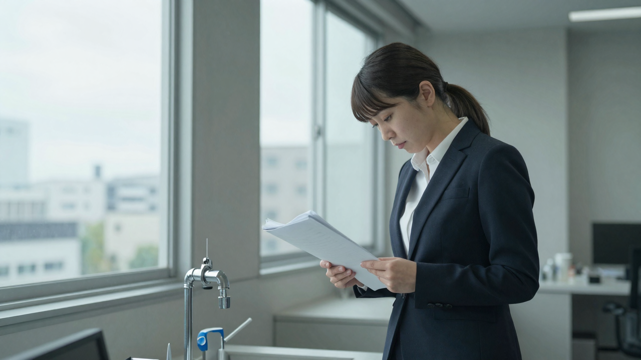 薄暗いオフィスの給湯室で、疲れた表情で資料を抱えうつむくスーツ姿の女性社員