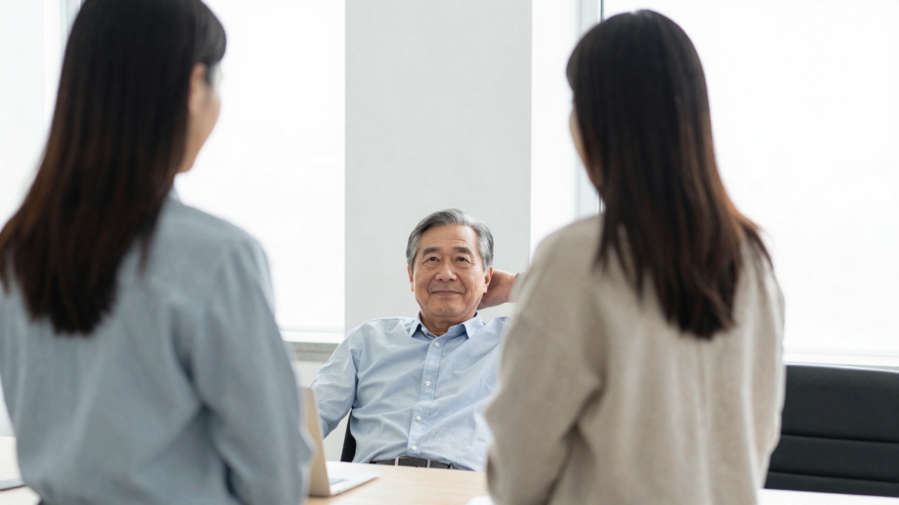 明るい会議室で、年上の男性管理職がふと肩の力を抜いて柔らかく笑い、女性社員が向き合う