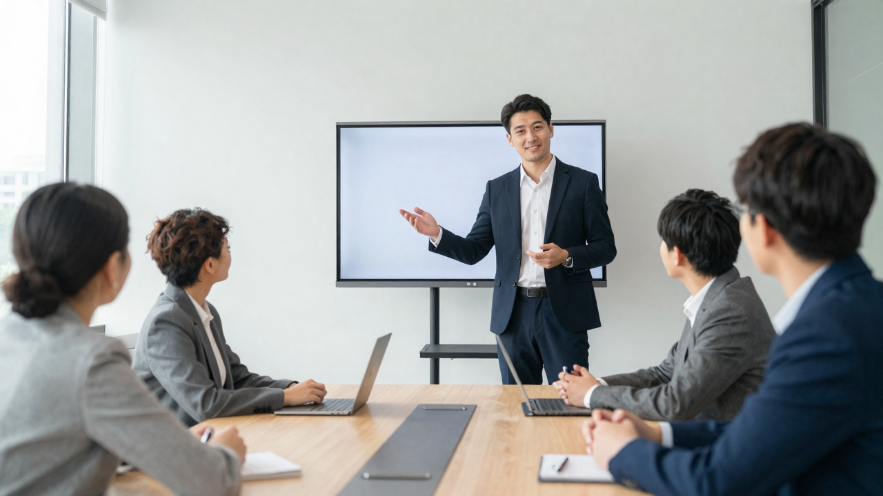 明るい会議室で自信に満ちた表情でプレゼンする若手の男性社員と、それを見つめる同僚たち