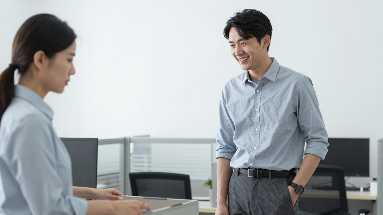 オフィスで笑う男性社員と、机の引き出しの企画書を前に表情を曇らせる女性社員