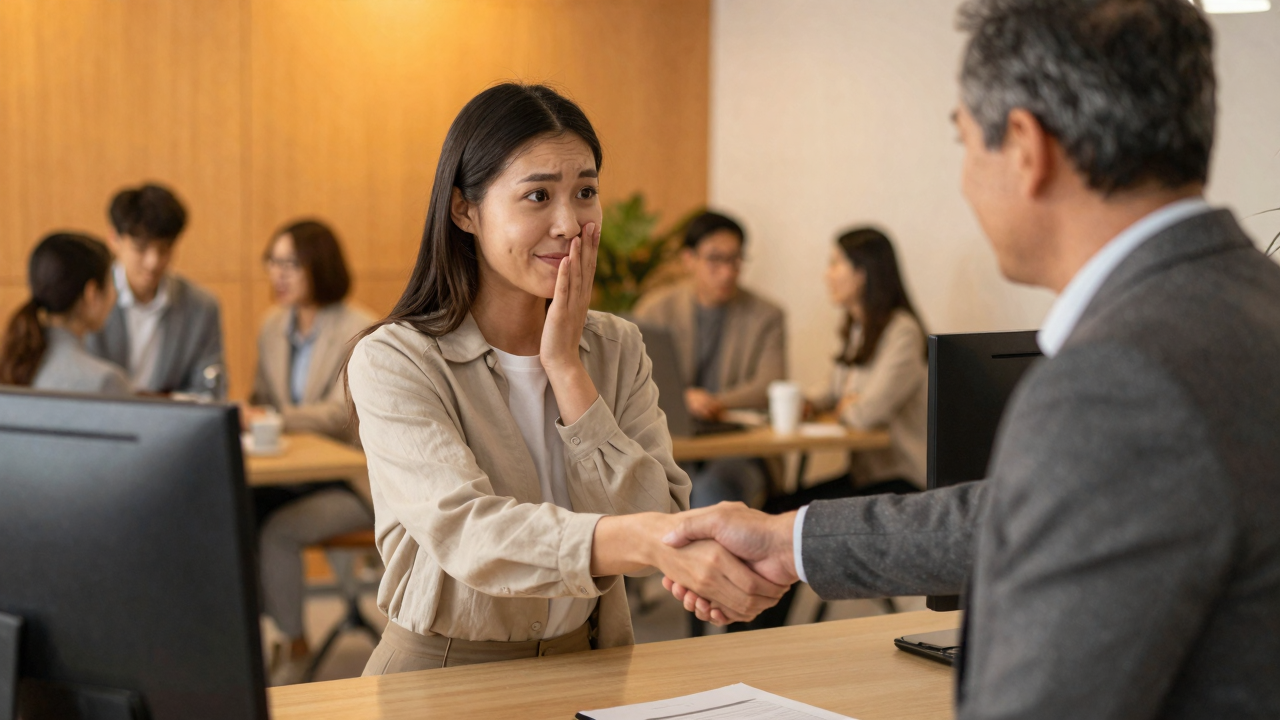 取引先のオフィスで、年上の経営者から感謝され穏やかに微笑む女性社員